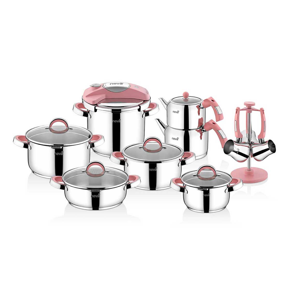 kadoland-Neva Pembe Lotus 18 Parca celik Tencere Seti - N2439